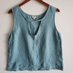 J Jill Women's Size XL 100% Linen Blue Beaded Embroidered Tank Top